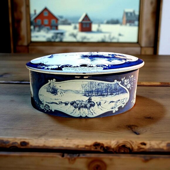 Dutch Droste Cacao Tin – Blue & White Oval Tin with Sailboats, Pastoral Scenes | - Picture 4 of 6